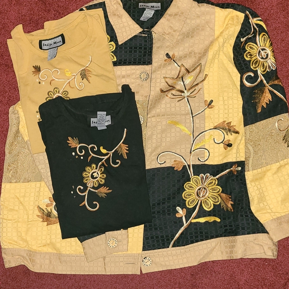 3 Piece Set.  Indigo Moon Embroidered jacket with matching tees